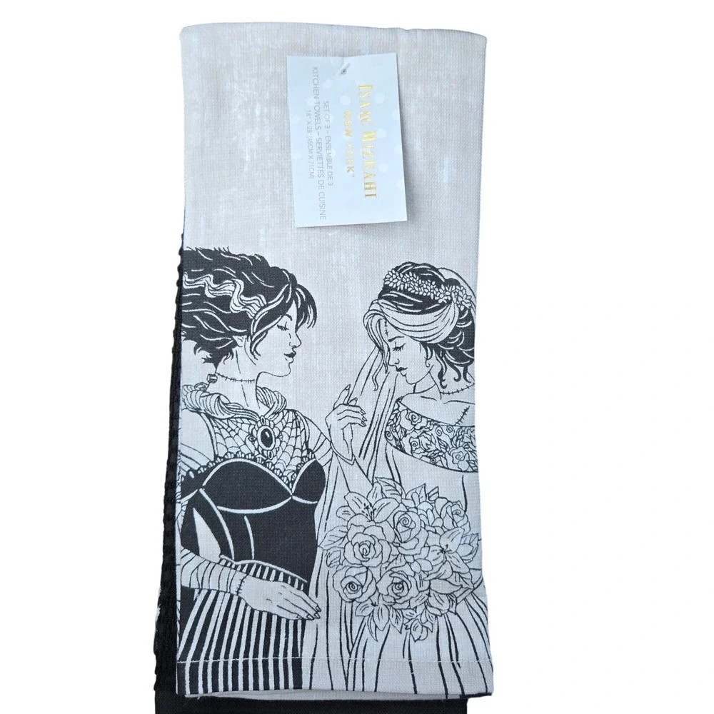 Isaac Mizrahi NWT 18x28 Kitchen Towel Set of 3 Gothic Bride Halloween *Flaw*